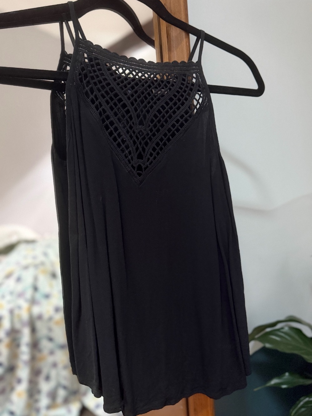 Black Crochet Yoke Spaghetti Strap Tank - Love on a hanger
